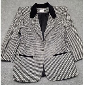 Hastings & Smith Womens Houndstooth Blazer Black White Velvet Collar Wool Mix 16